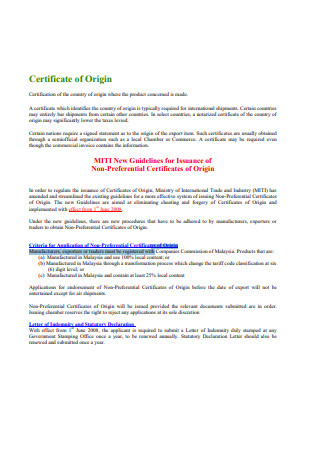 Non Preferential Certificates of Origin Format