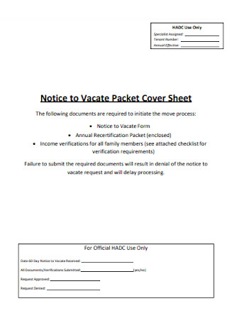 Notice to Vacate Packet Cover Sheet