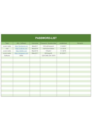 Password List in Excel