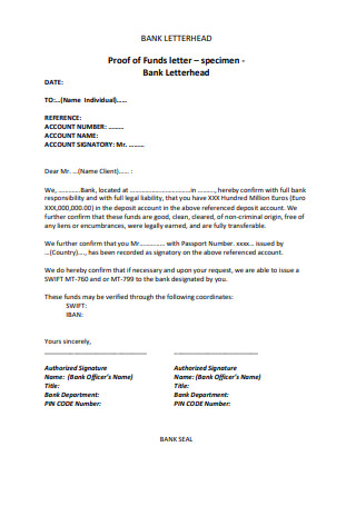 Proof of Funds Letter