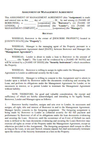 Property Assignment of Management Agreement