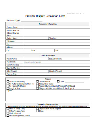 Provider Dispute Resolution Form 