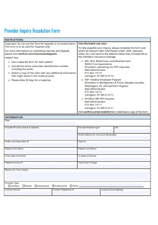 Provider Inquiry Resolution Form 