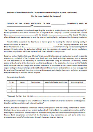 Resolution for Corporate Internet Banking Form
