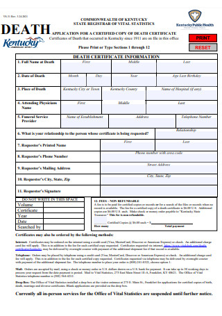 Sample Application for Death Certificate