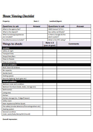 Sample House Viewing Checklist