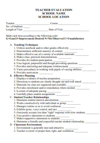 School Teacher Evaluation Form