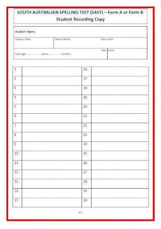 Spelling Test Form Template