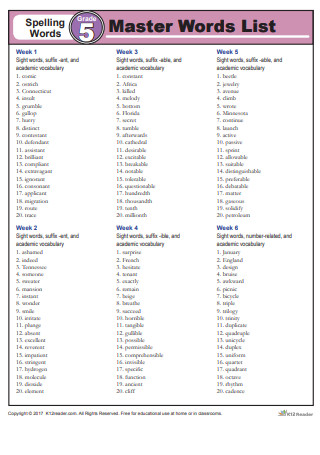 Spelling Words Grade 5 Master List