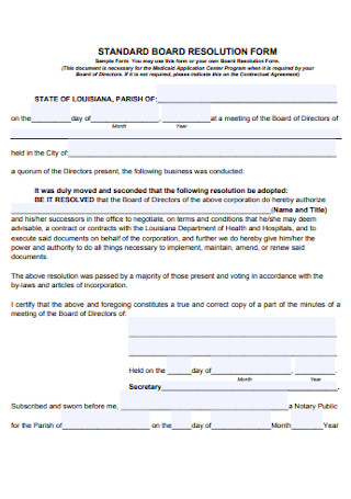 Standard Corporation Resolution Form