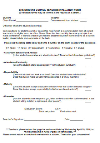 Student Council Teacher Evaluation Form