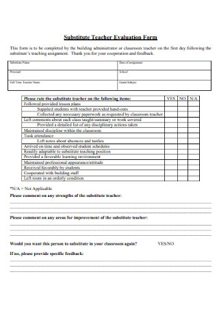 Substitute Teacher Evaluation Form