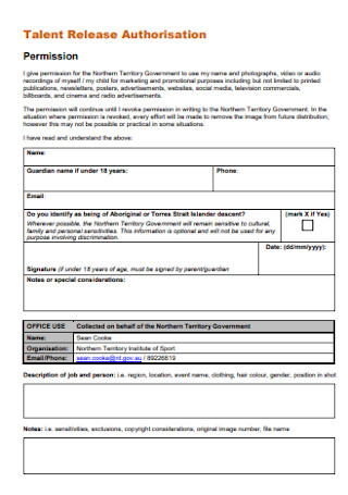 Talent Release Authorisation Form