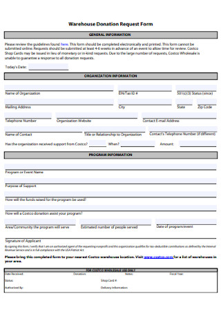 Warehouse Donation Request Form