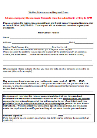 Written Maintenance Request Form