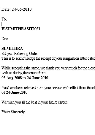 Job Relieving Letter Sample