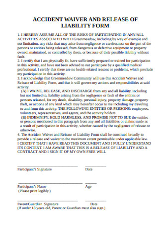 Accident Waiver and Release and Liability Form