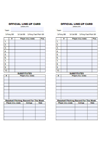 Baseball Official Lineup Card