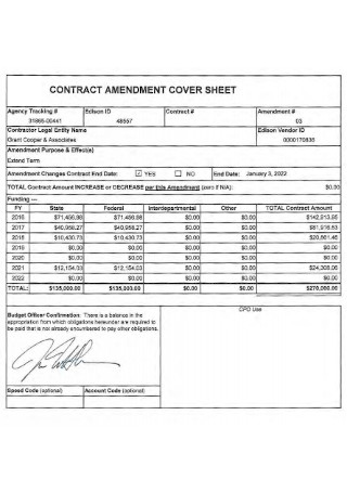Contract Amendment Cover Sheet