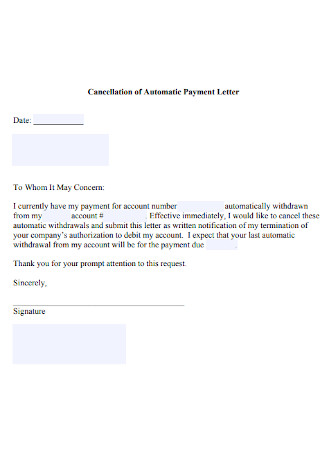 Contract Cancellation of Automatic Payment Letter