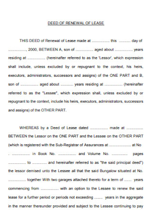 Deed of Renewal of Lease Form