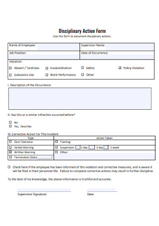 Employee Job Disciplinary Action Form