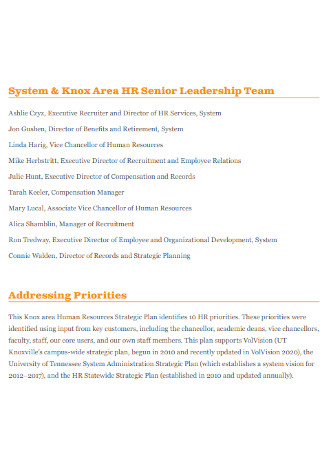 HR Senior Leadership Team Plan