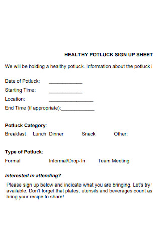 Health Potluck Sign up Sheet
