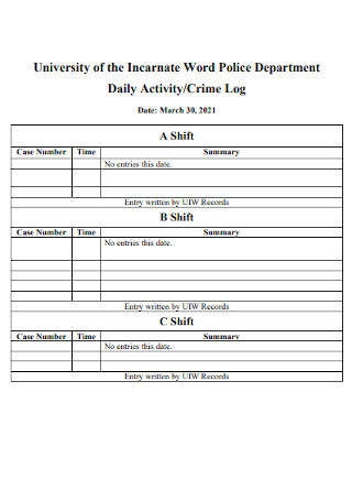 Police Department Daily Activity Report
