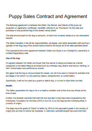 Puppy Sales Contract and Agreement