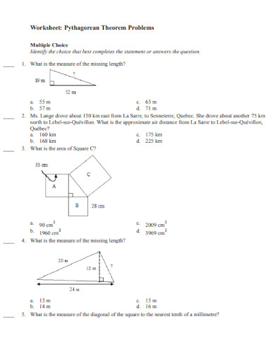 Pythagorean Theorem Problems Worksheet