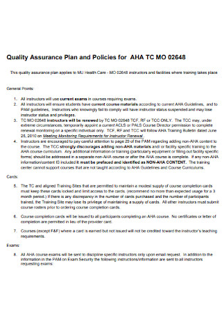 Quality Assurance Plan and Policies