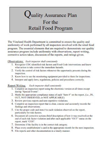 Quality Assurance Plan for Retail Food Program