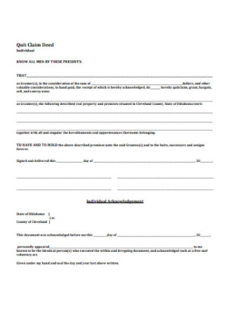 Quit Claim Deed Individual Form Template