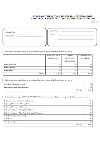 Roofing Contractor Supplemental Questionnaire