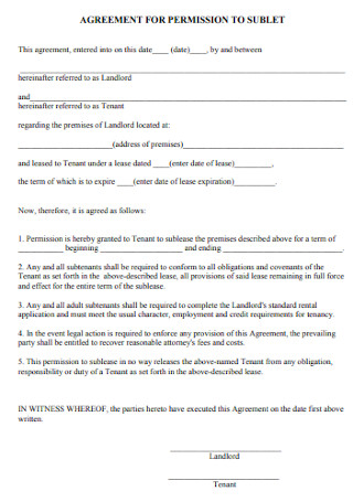 Agreement for Permission to Sublet