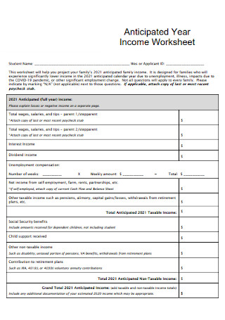 Anticipated Year Income Worksheet