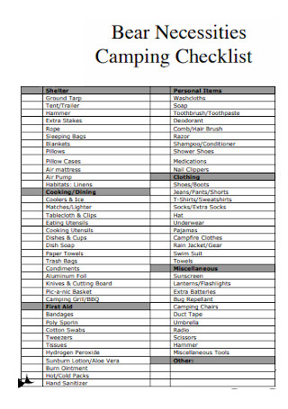 Bear Necessities Camping Checklist