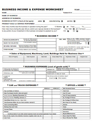 Business Income and Expense Worksheet