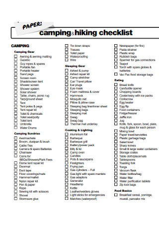 Camping Hicking Checklist