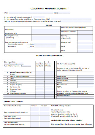 Clergy Income and Expense Worksheet