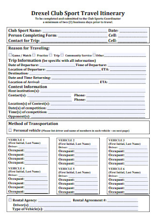 Club Sport Travel Itinerary Template 