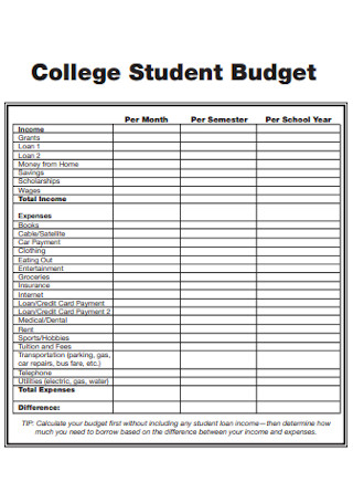 College Student Budget Format