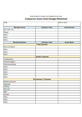 Companion Home Client Budget Worksheet