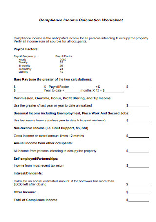 Compliance Income Calculation Worksheet