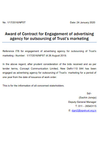 Contract for Engagement of advertising Agency
