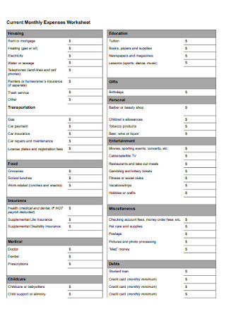 Current Monthly Expenses Worksheet 