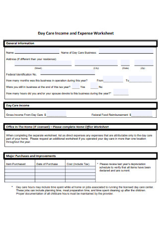 Day Care Income and Expense Worksheet Template