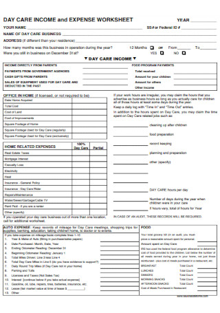Day Care Income and Expense Worksheet