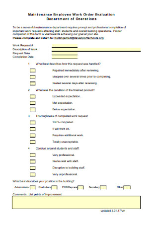 Employee Work Order Evaluation Form